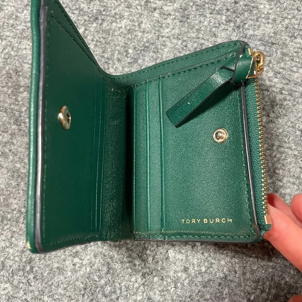 Tory Burch Gemini Link Bifold Wallet Womens Small Green Navy Striped Leather